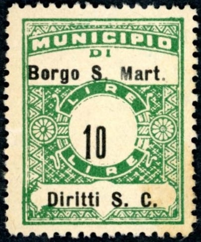 Marca da Bollo del Comune di BORGO SAN MARTINO su Carta Bianca di dimensioni 22 x 29 mm