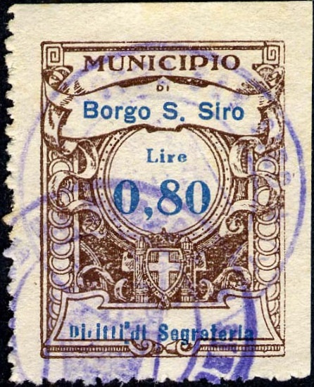 Marca da Bollo del Comune di BORGO SAN SIRO su Carta Bianca di dimensioni 22,5 x 29 mm