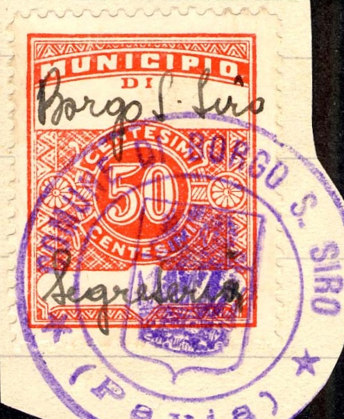 Marca da Bollo del Comune di BORGO SAN SIRO su Carta Bianca di dimensioni 22,5 x 29 mm