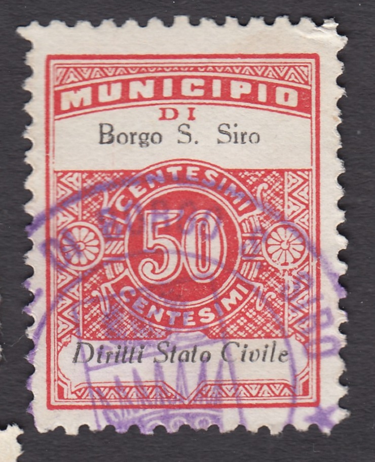 Marca da Bollo del Comune di BORGO SAN SIRO su Carta Bianca di dimensioni 22,5 x 29 mm