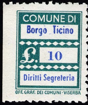 Marca da Bollo del Comune di BORGO TICINO su Carta Bianca di dimensioni 17 x 22,5 mm