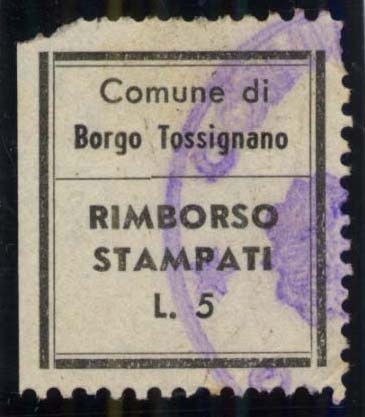 Marca da Bollo del Comune di BORGO TOSSIGNANO su Carta Bianca di dimensioni 20 x 22 mm