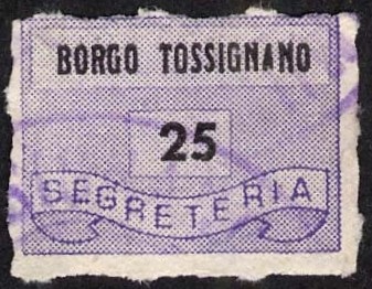 Marca da Bollo del Comune di BORGO TOSSIGNANO su Carta Bianca di dimensioni 19,5 x 14,5 mm