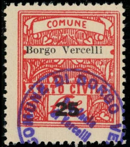 Marca da Bollo del Comune di BORGO VERCELLI su Carta Bianca di dimensioni 23,5 x 27 mm