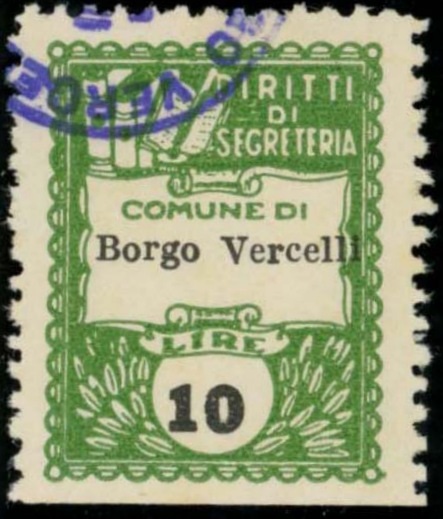 Marca da Bollo del Comune di BORGO VERCELLI su Carta Bianca di dimensioni 22 x 29 mm
