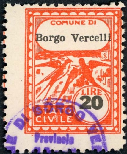 Marca da Bollo del Comune di BORGO VERCELLI su Carta Bianca di dimensioni 22 x 29 mm