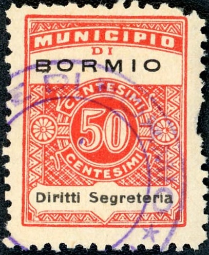 Marca da Bollo del Comune di BORMIO su Carta Bianca Sottile di dimensioni 22,5 x 29 mm