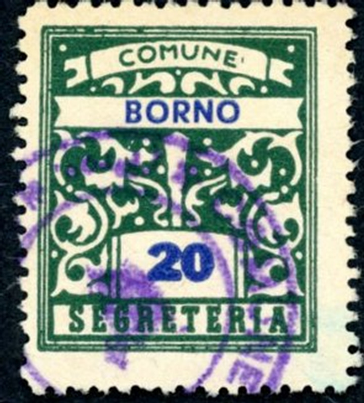 Marca da Bollo del Comune di BORNO su Carta Bianca di dimensioni 23 x 27 mm