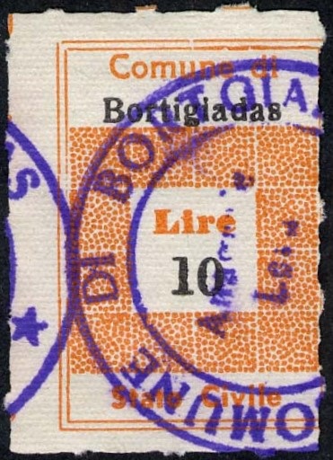 Marca da Bollo del Comune di BORTIGIADAS su Carta Bianca di dimensioni 19,5 x 30 mm