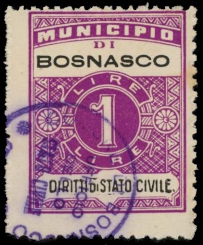 Marca da Bollo del Comune di BOSNASCO su Carta Bianca di dimensioni 22,5 x 29 mm