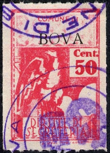 Marca da Bollo del Comune di BOVA su Carta Bianca di dimensioni 22,5 x 32 mm