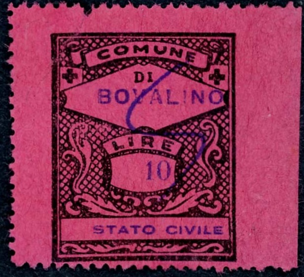 Marca da Bollo del Comune di BOVALINO su Carta Colorata di dimensioni 19 x 26 mm