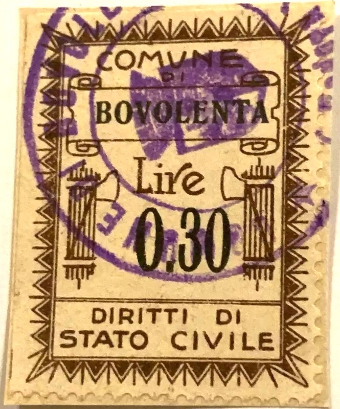 Marca da Bollo del Comune di BOVOLENTA su Carta Bianca di dimensioni 27 x 35 mm