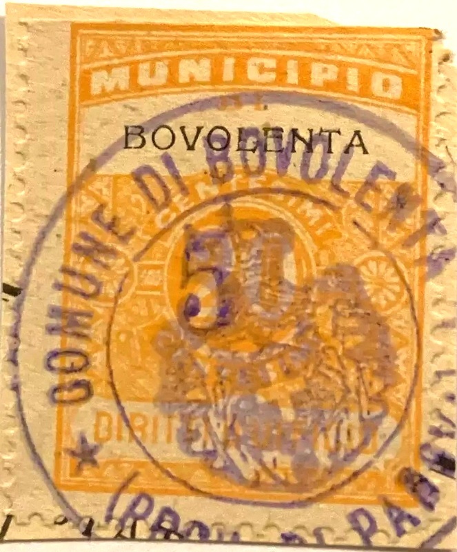 Marca da Bollo del Comune di BOVOLENTA su Carta Bianca di dimensioni 27 x 31 mm