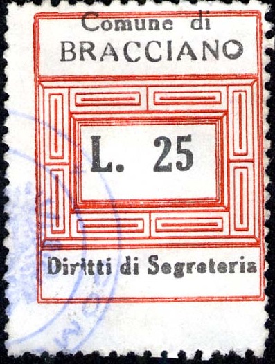 Marca da Bollo del Comune di BRACCIANO su Carta Bianca di dimensioni 23 x 29,5 mm