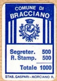 Marca da Bollo del Comune di BRACCIANO su Carta Bianca di dimensioni 19 x 27 mm