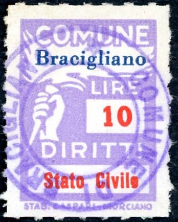 Marca da Bollo del Comune di BRACIGLIANO su Carta Bianca Sottile di dimensioni 18,5 x 26 mm