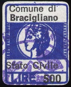 Marca da Bollo del Comune di BRACIGLIANO su Carta Bianca di dimensioni 15,5 x20 mm