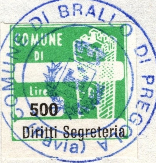 Marca da Bollo del Comune di BRALLO DI PREGOLA su Carta Bianca di dimensioni 20 x 20 mm
