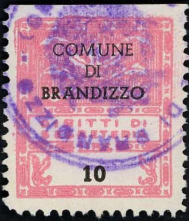 Marca da Bollo del Comune di BRANDIZZO su Carta Bianca di dimensioni 21 X 27 mm