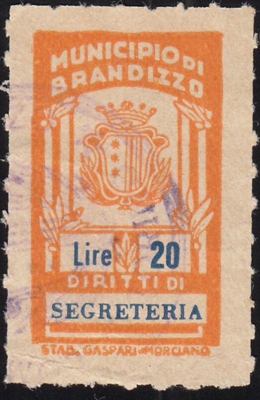 Marca da Bollo del Comune di BRANDIZZO su Carta Bianca di dimensioni 21 X 32 mm