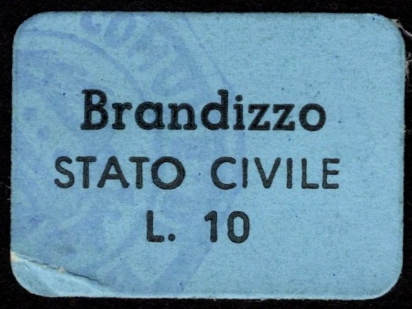 Marca da Bollo del Comune di BRANDIZZO su Carta Colorata di dimensioni 20 x 14 mm
