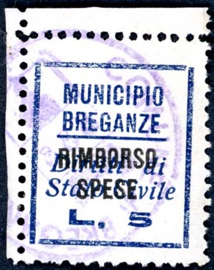 Marca da Bollo del Comune di BREGANZE su Carta Bianca di dimensioni 24 x 26 mm