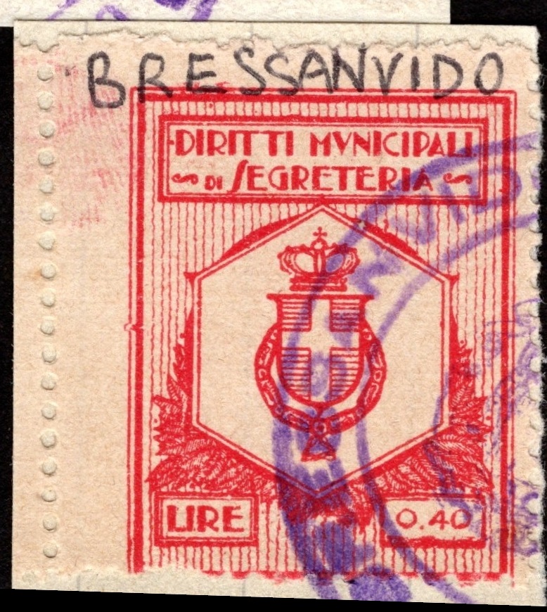 Marca da Bollo del Comune di BRESSANVIDO su Carta Bianca di dimensioni 23 x 29 mm
