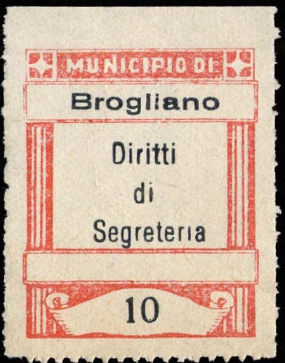 Marca da Bollo del Comune di BROGLIANO su Carta Bianca di dimensioni 22,5 x 28 mm