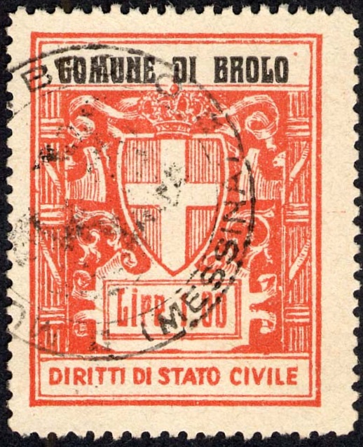 Marca da Bollo del Comune di BROLO su Carta Bianca Sottile di dimensioni 27 X 36 mm