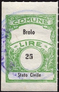 Marca da Bollo del Comune di BROLO su Carta Bianca Sottile di dimensioni 22,5 x 29 mm