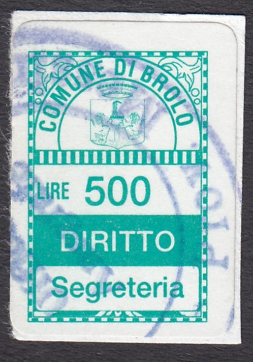 Marca da Bollo del Comune di BROLO su Carta Bianca di dimensioni 13,5 x 20,5 mm