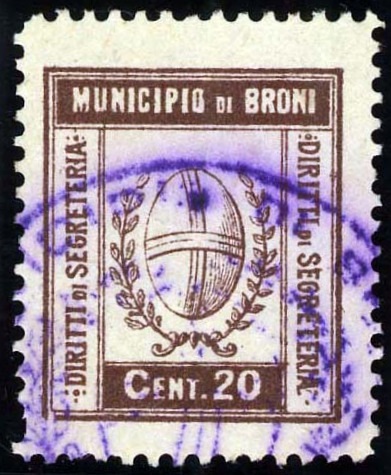 Marca da Bollo del Comune di BRONI su Carta Bianca di dimensioni 20 x 24 mm
