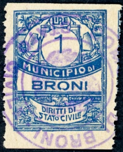Marca da Bollo del Comune di BRONI su Carta Bianca di dimensioni 22 x 28 mm