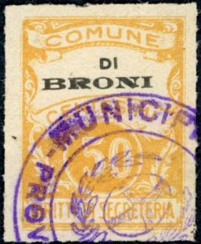 Marca da Bollo del Comune di BRONI su Carta Bianca di dimensioni 22,5 x 29 mm