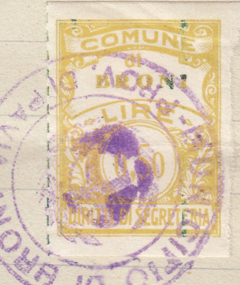 Marca da Bollo del Comune di BRONI su Carta Bianca di dimensioni 22,5 x 29 mm