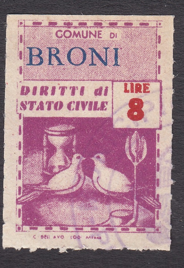 Marca da Bollo del Comune di BRONI su Carta Bianca Sottile di dimensioni 21 x 31 mm