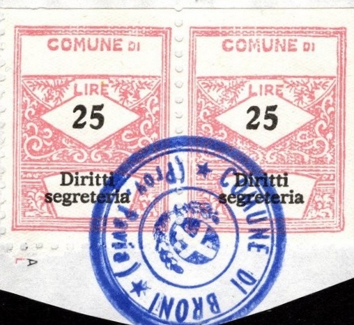 Marca da Bollo del Comune di BRONI su Carta Bianca di dimensioni 20 x 26 mm