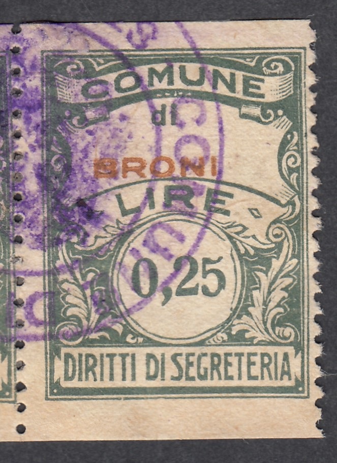 Marca da Bollo del Comune di BRONI su Carta Bianca di dimensioni 22 x 29 mm