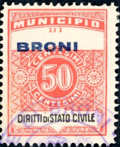 Marca da Bollo del Comune di BRONI su Carta Bianca di dimensioni 22 x 29 mm