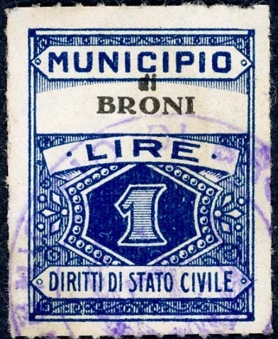 Marca da Bollo del Comune di BRONI su Carta Bianca di dimensioni 22,5 x 29 mm