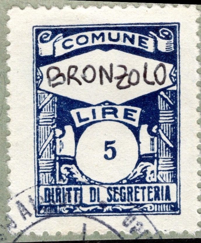 Marca da Bollo del Comune di BRONZOLO su Carta Bianca di dimensioni 22 x 29 mm