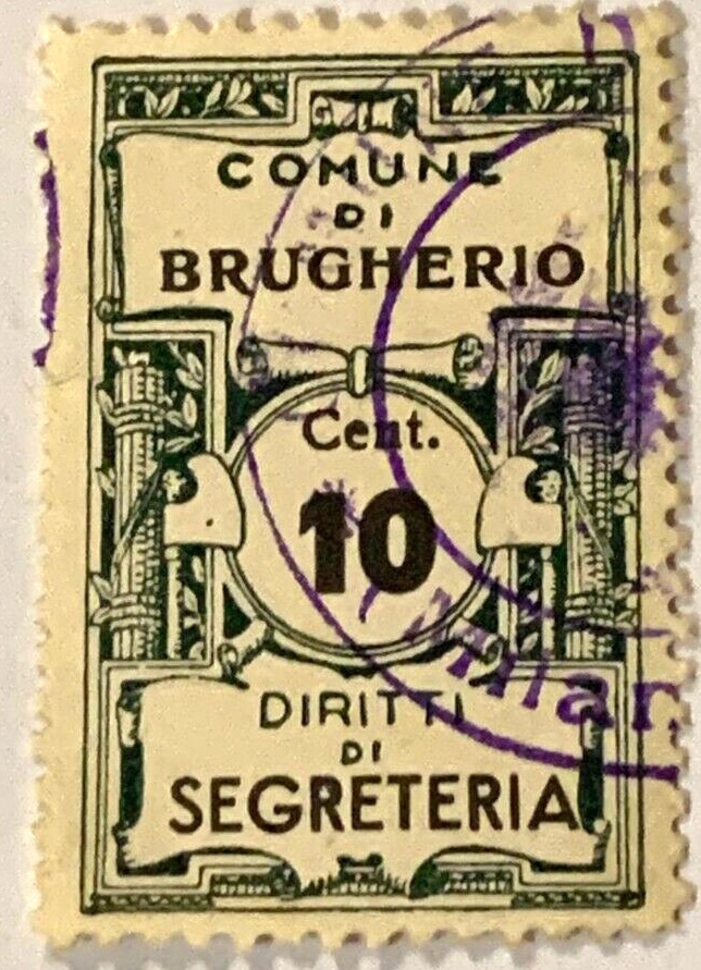 Marca da Bollo del Comune di BRUGHERIO su Carta Bianca di dimensioni 22,5 X 33 mm
