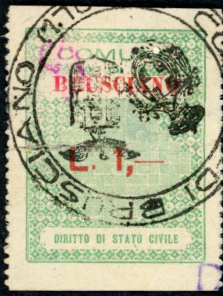 Marca da Bollo del Comune di BRUSCIANO su Carta Bianca Sottile di dimensioni 25 x 32 mm