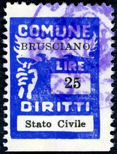 Marca da Bollo del Comune di BRUSCIANO su Carta Bianca di dimensioni 18,5 x 26 mm