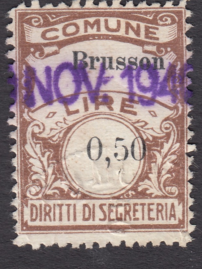 Marca da Bollo del Comune di BRUSSON su Carta Bianca di dimensioni 21,5 x 28,5 mm