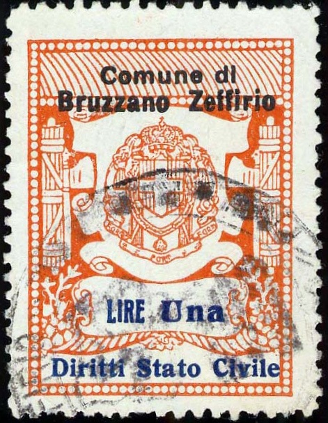 Marca da Bollo del Comune di BRUZZANO ZEFFIRIO su Carta Bianca di dimensioni 20 x 27 mm