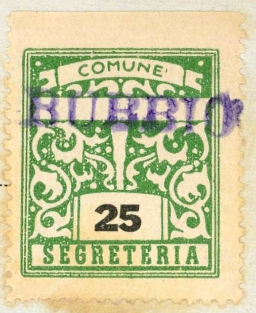 Marca da Bollo del Comune di BUBBIO su Carta Bianca di dimensioni 23 x 27 mm