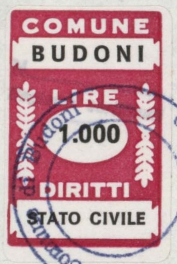 Marca da Bollo del Comune di BUDONI su Carta Bianca di dimensioni 20 x 31 mm