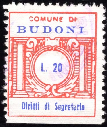 Marca da Bollo del Comune di BUDONI su Carta Bianca di dimensioni 22 x 26 mm